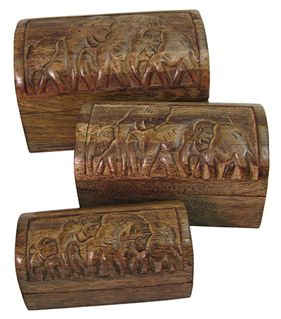 Mango Wood Elephant Set Of 3 Domed Boxes